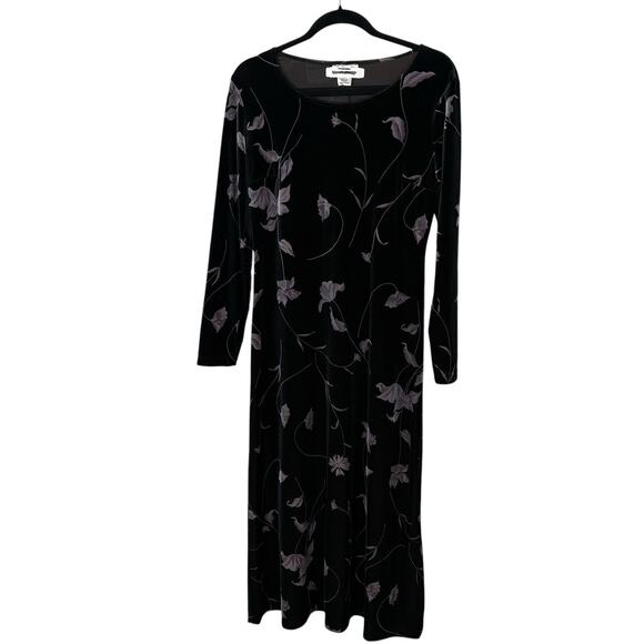 Vtg 90s Talbots Velvet Maxi Dress Floral Whimsigoth Dark Romantic Black USA Sz L - Picture 1 of 5